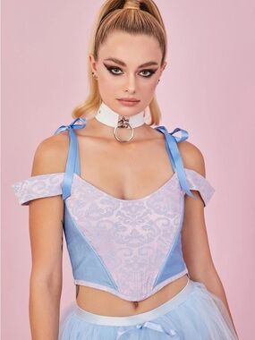 Dolls Kill Pink and Blue Lace-Pattern Corset Crop Top